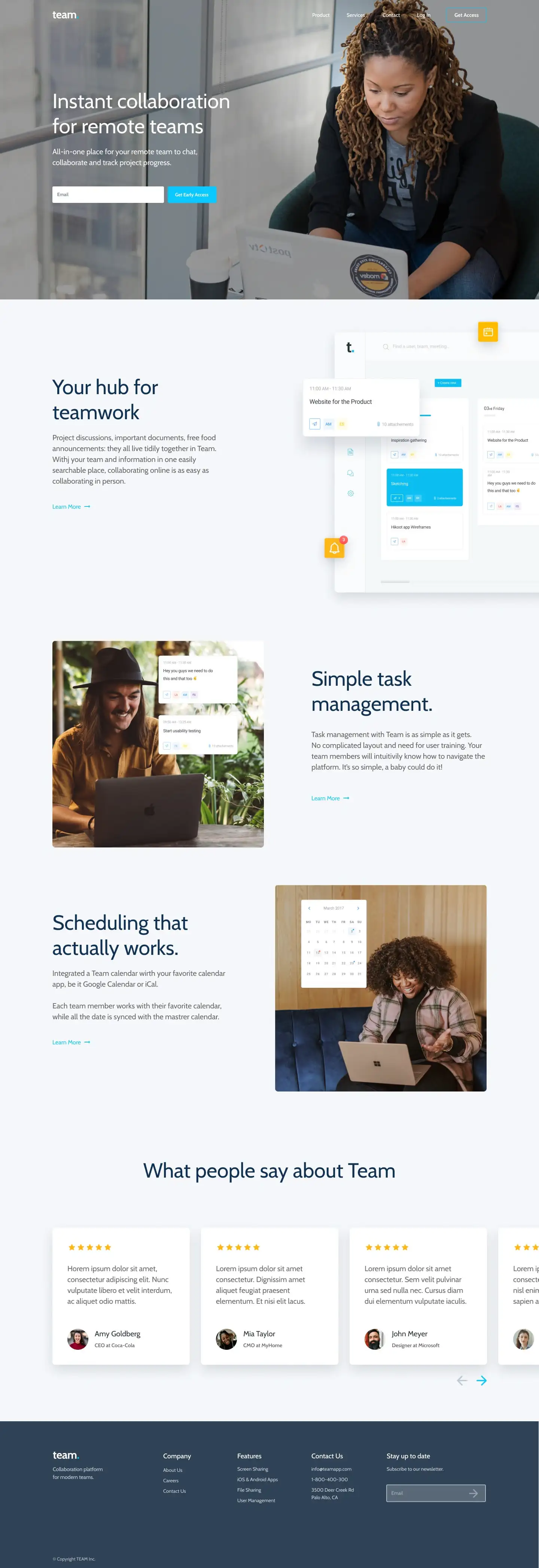 Website homepage for 'Team,' a collaboration platform for remote teams, featuring a woman with dreadlocks using a laptop, text about instant collaboration.